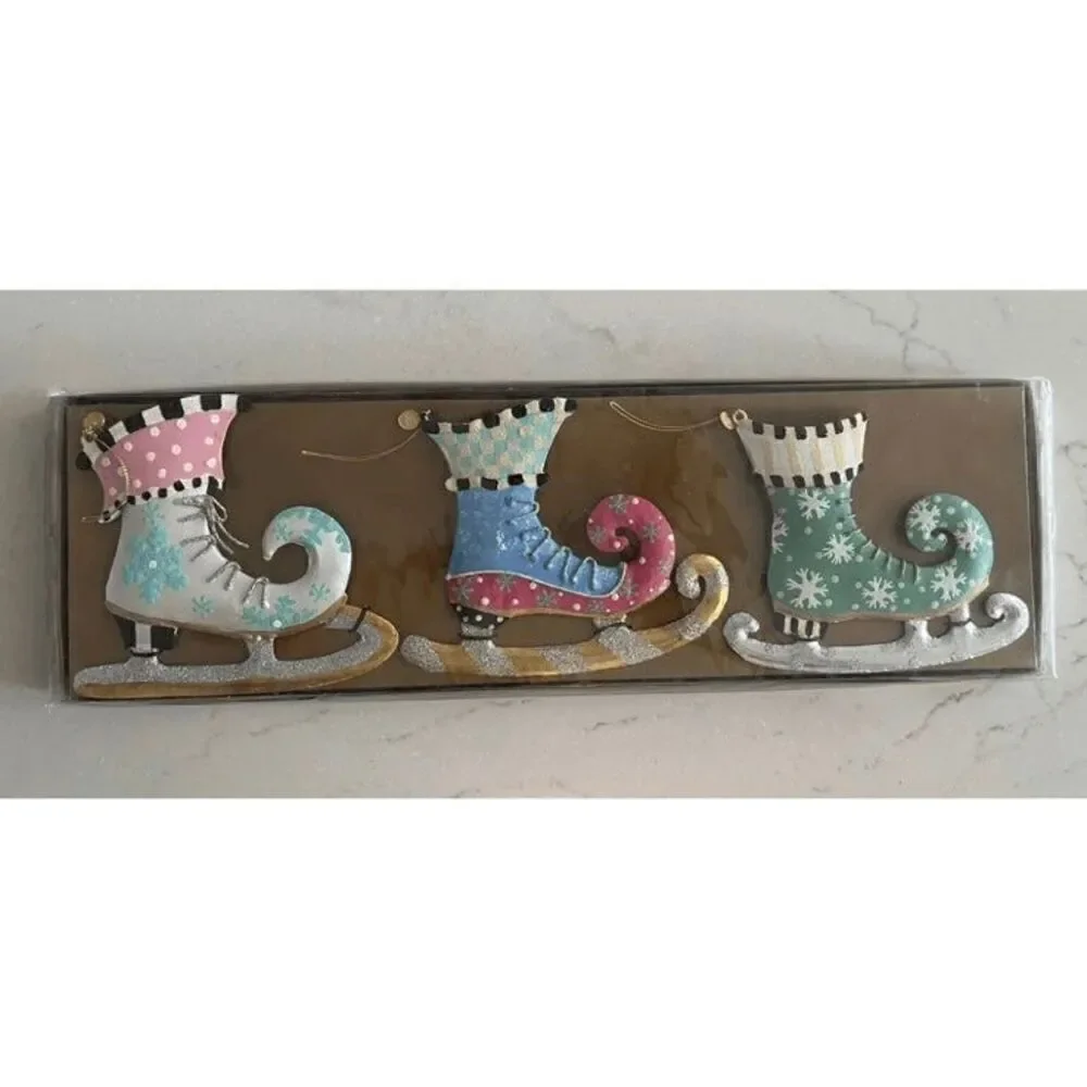 NIB Mackenzie Childs Home Sweet Snow Skate Ornaments Set Of 3